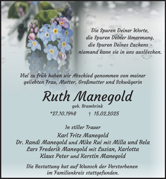 Traueranzeige von Ruth Manegold von Tageszeitung