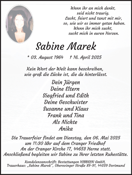 Traueranzeige von Sabine Marek von Tageszeitung
