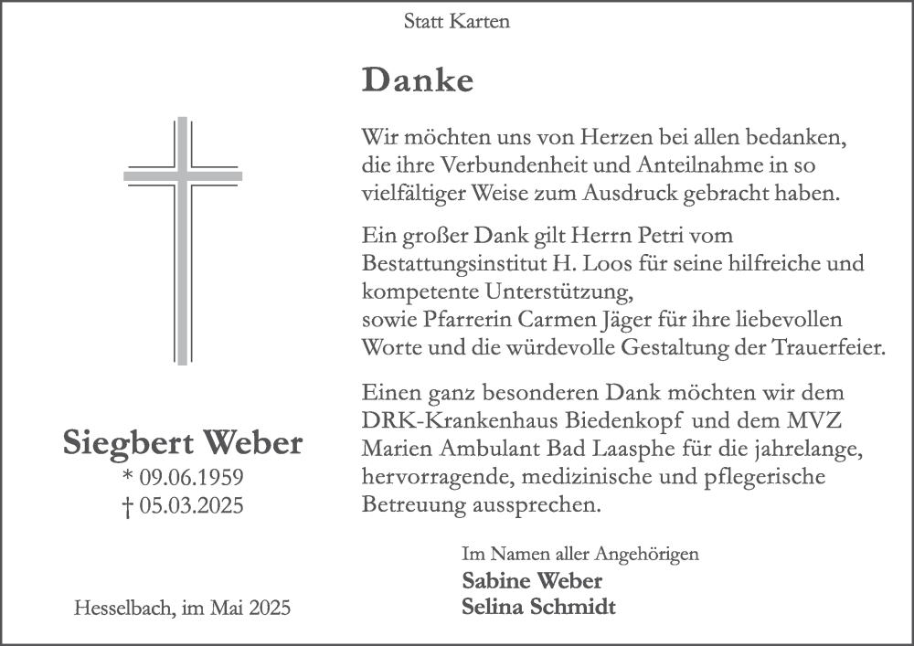  Traueranzeige für Siegbert Weber vom 10.05.2025 aus Tageszeitung