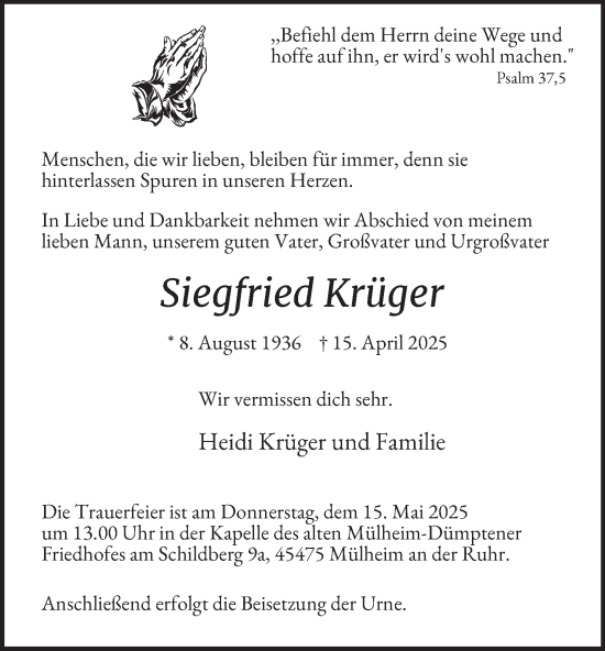 Traueranzeige von Siegfried Krüger von Tageszeitung