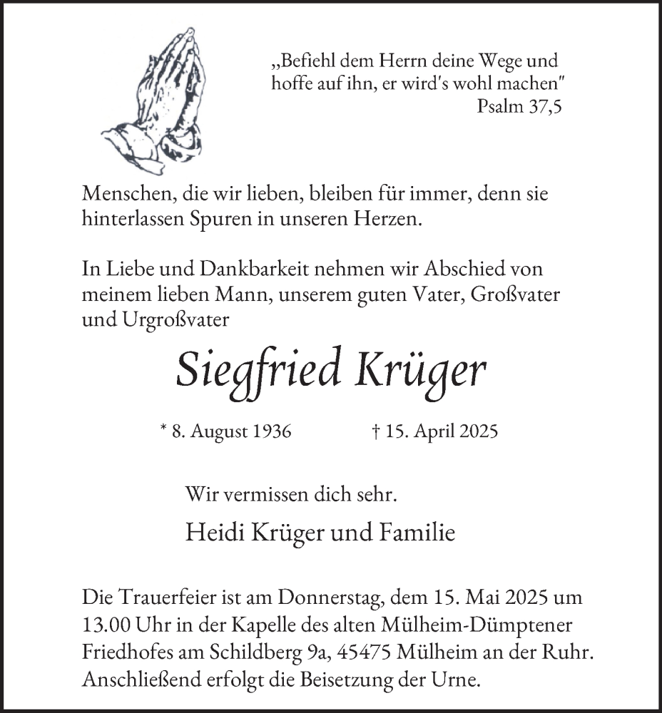  Traueranzeige für Siegfried Krüger vom 10.05.2025 aus Tageszeitung