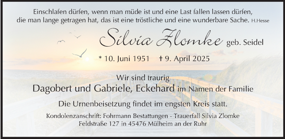  Traueranzeige für Silvia Zlomke vom 03.05.2025 aus Tageszeitung