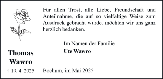 Traueranzeige von Thomas Wawro von Tageszeitung