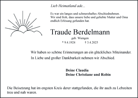 Traueranzeige von Traude Berdelmann von Tageszeitung