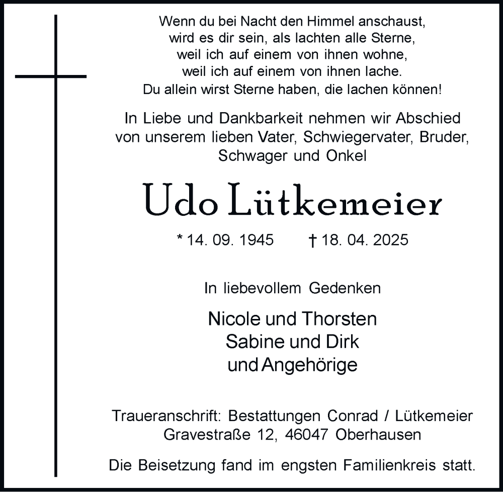  Traueranzeige für Udo Lütkemeier vom 17.05.2025 aus Tageszeitung