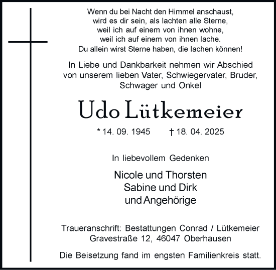 Traueranzeige von Udo Lütkemeier von Tageszeitung