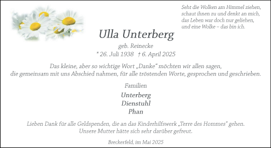 Traueranzeige von Ulla Unterberg von Tageszeitung