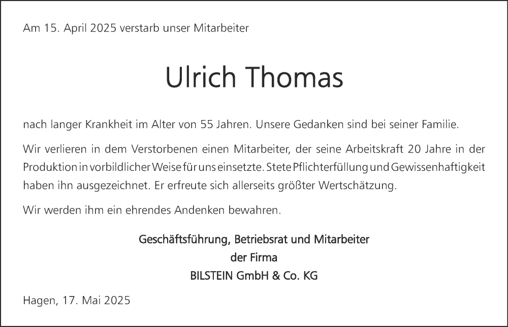  Traueranzeige für Ulrich Thomas vom 17.05.2025 aus Tageszeitung