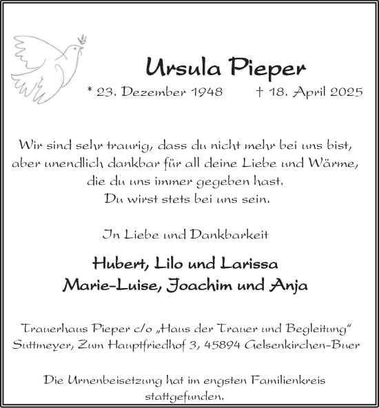 Traueranzeige von Ursula Pieper von Tageszeitung