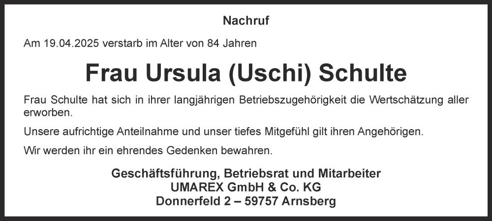  Traueranzeige für Ursula Schulte vom 03.05.2025 aus Tageszeitung