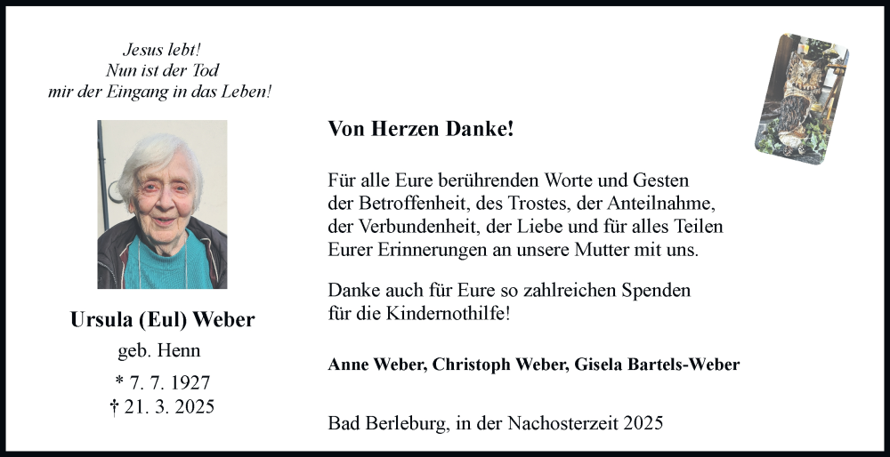  Traueranzeige für Ursula Weber vom 14.05.2025 aus Tageszeitung