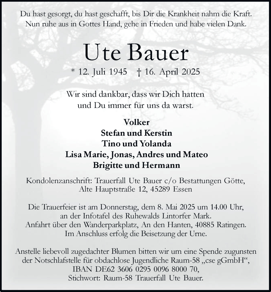  Traueranzeige für Ute Bauer vom 03.05.2025 aus Tageszeitung