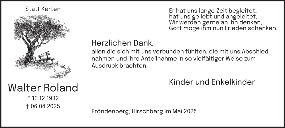  Traueranzeige für Walter Roland vom 17.05.2025 aus Tageszeitung