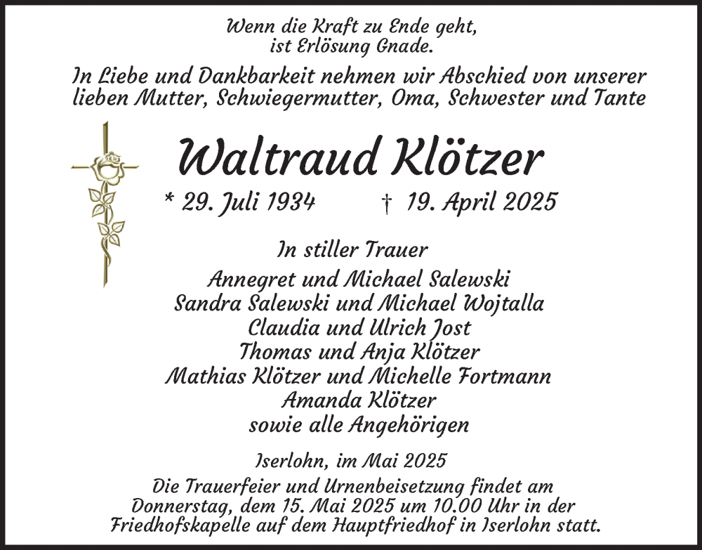  Traueranzeige für Waltraud Klötzer vom 14.05.2025 aus Tageszeitung