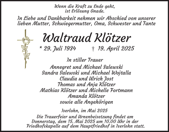 Traueranzeige von Waltraud Klötzer von Tageszeitung