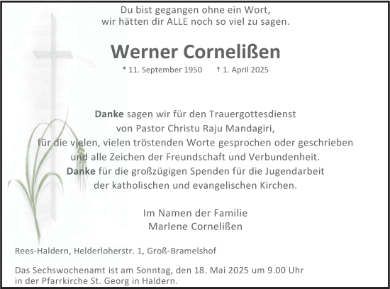 Traueranzeige von Werner Cornelißen von Tageszeitung