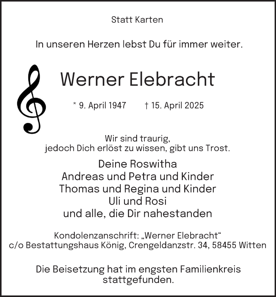  Traueranzeige für Werner Elebracht vom 03.05.2025 aus Tageszeitung