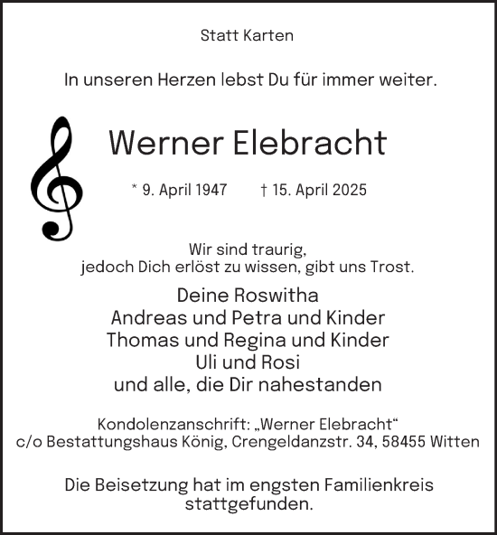 Traueranzeige von Werner Elebracht von Tageszeitung