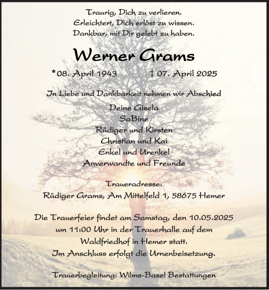 Traueranzeige von Werner Grams von Tageszeitung