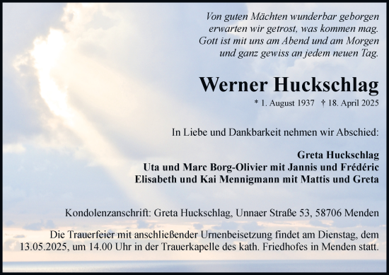 Traueranzeige von Werner Huckschlag von Tageszeitung