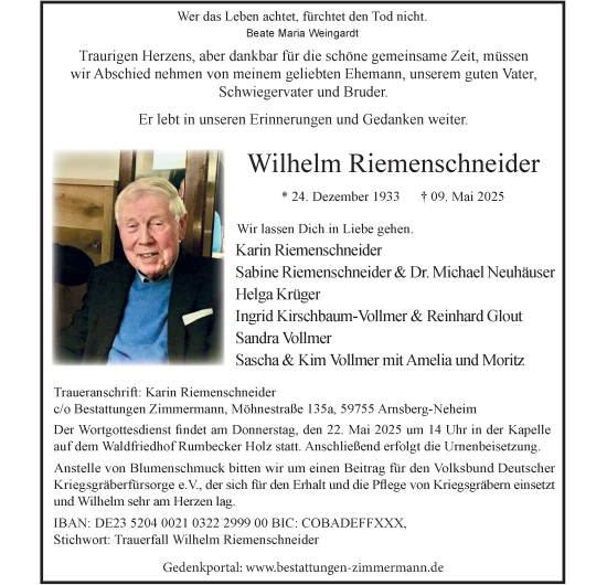 Traueranzeige von Wilhelm Riemenschneider von Tageszeitung
