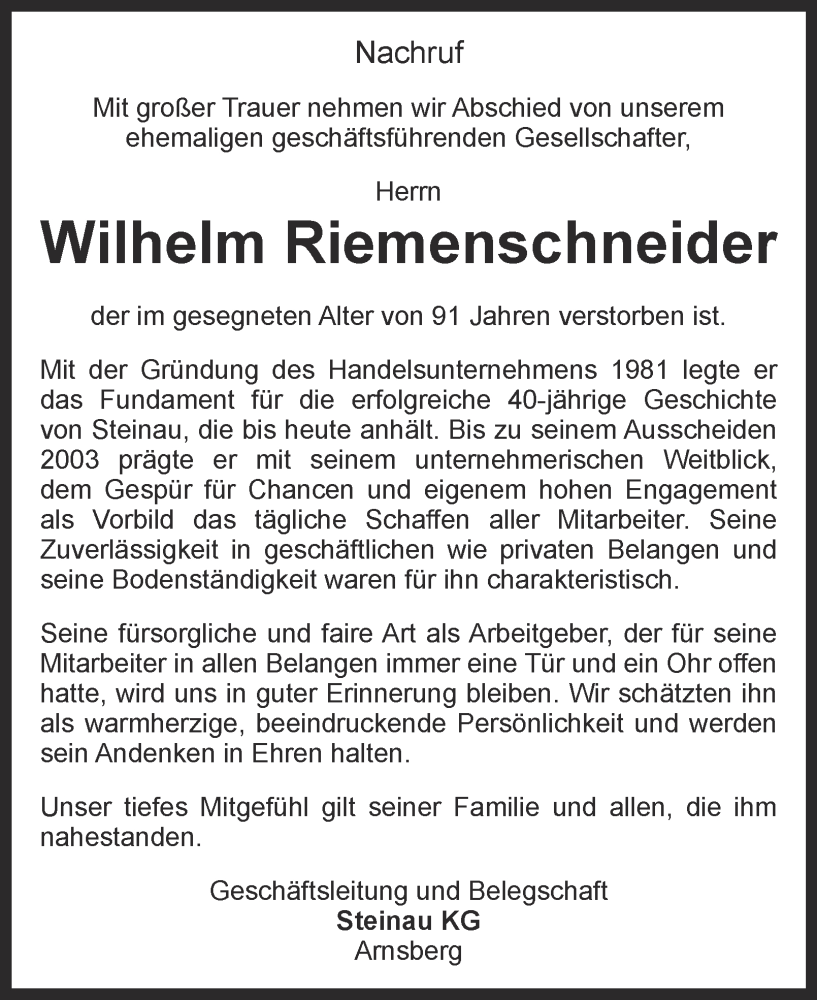  Traueranzeige für Wilhelm Riemenschneider vom 24.05.2025 aus Tageszeitung