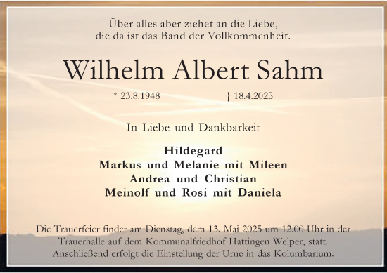 Traueranzeige von Wilhelm Albert Sahm von Tageszeitung