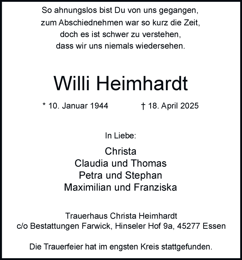  Traueranzeige für Willi Heimhardt vom 10.05.2025 aus Tageszeitung