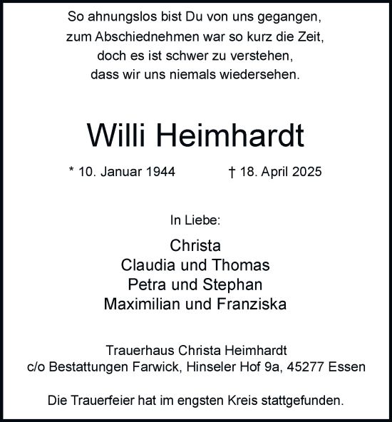 Traueranzeige von Willi Heimhardt von Tageszeitung