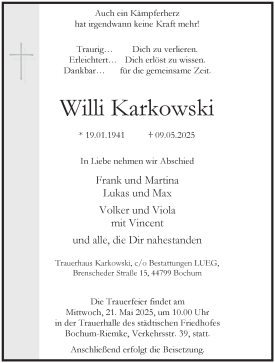 Traueranzeige von Willi Karkowski von Tageszeitung