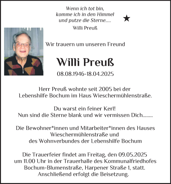 Traueranzeige von Willi Preuß von Tageszeitung