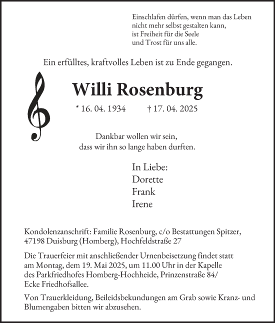 Traueranzeige von Willi Rosenburg von Tageszeitung