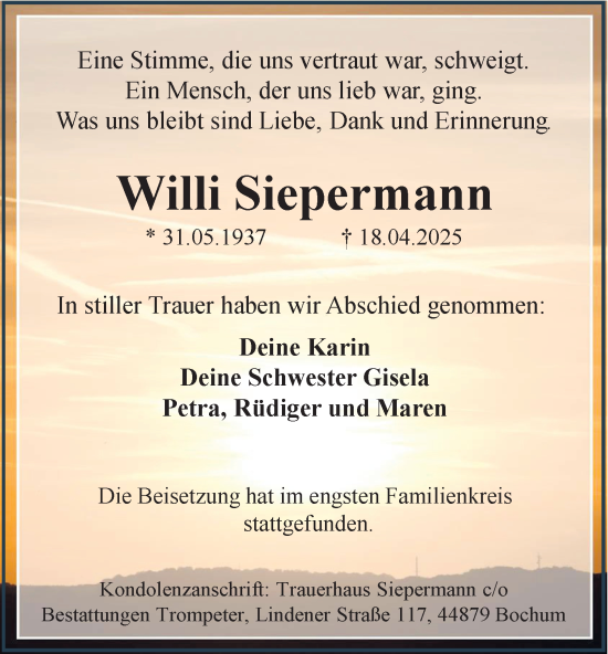 Traueranzeige von Willi Siepermann von Tageszeitung