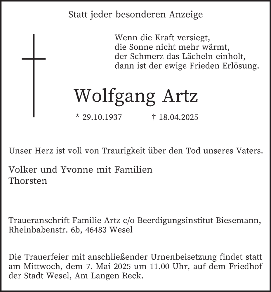  Traueranzeige für Wolfgang Artz vom 03.05.2025 aus Tageszeitung