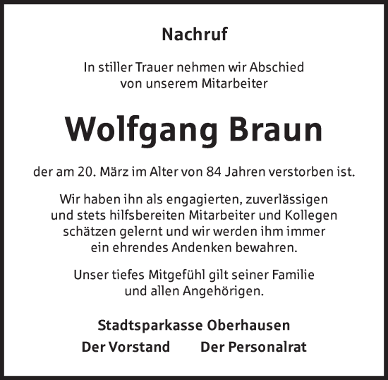 Traueranzeige von Wolfgang Braun von Tageszeitung
