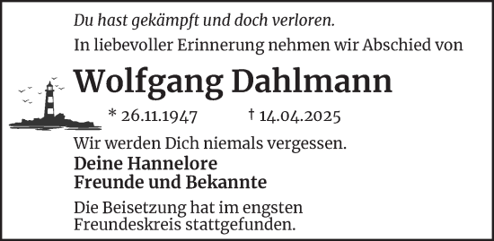 Traueranzeige von Wolfgang Dahlmann von Tageszeitung