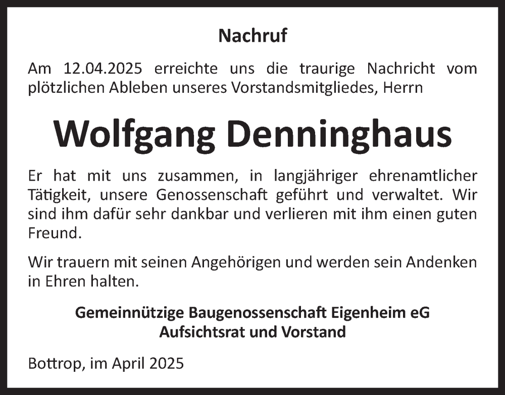  Traueranzeige für Wolfgang Denninghaus vom 10.05.2025 aus Tageszeitung