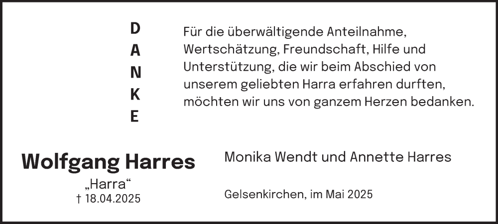  Traueranzeige für Wolfgang Harres vom 10.05.2025 aus Tageszeitung