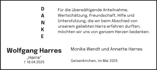 Traueranzeige von Wolfgang Harres von Tageszeitung