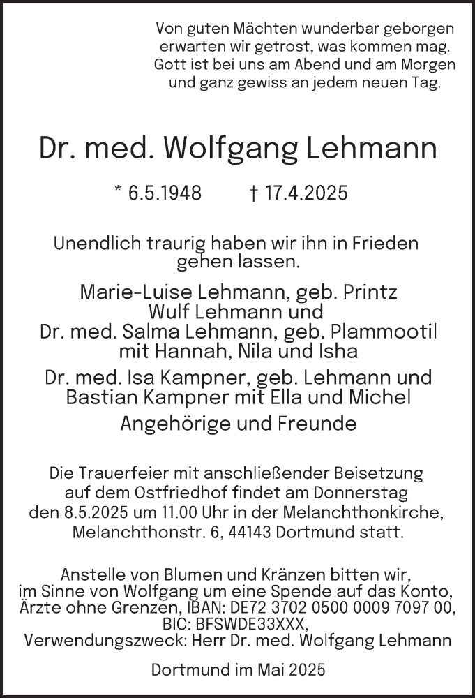  Traueranzeige für Wolfgang Lehmann vom 03.05.2025 aus Tageszeitung