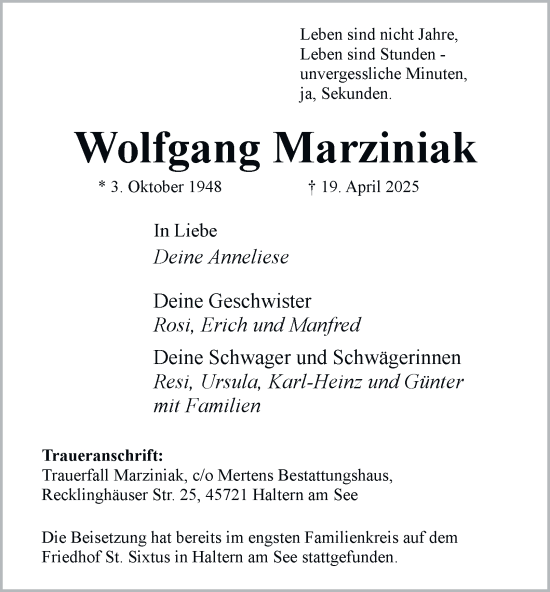 Traueranzeige von Wolfgang Marziniak von Tageszeitung