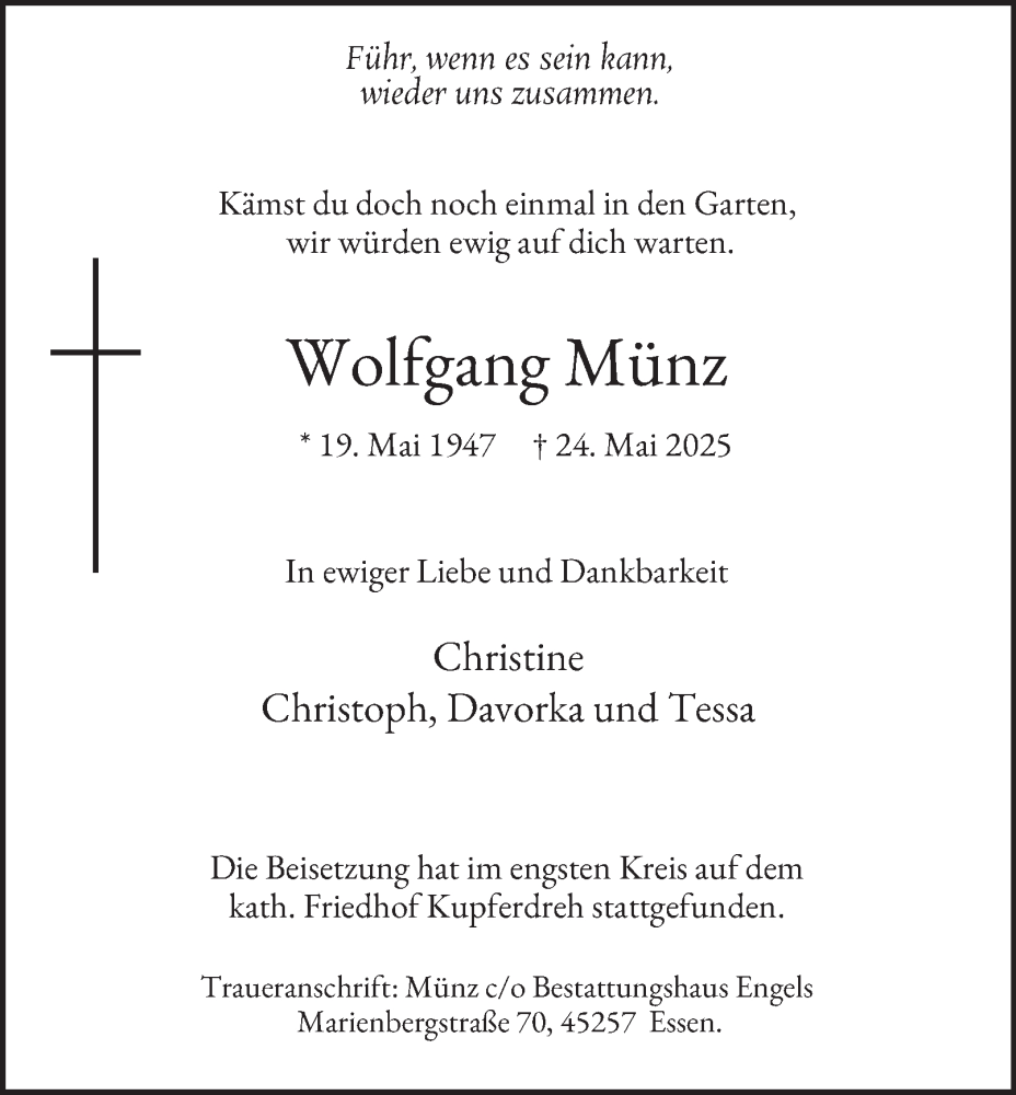  Traueranzeige für Wolfgang Münz vom 31.05.2025 aus Tageszeitung