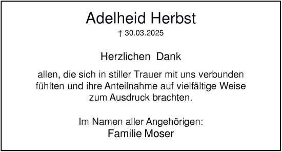 Traueranzeige von Adelheid Herbst von Tageszeitung
