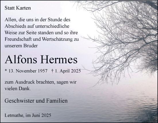 Traueranzeige von Alfons Hermes von Tageszeitung