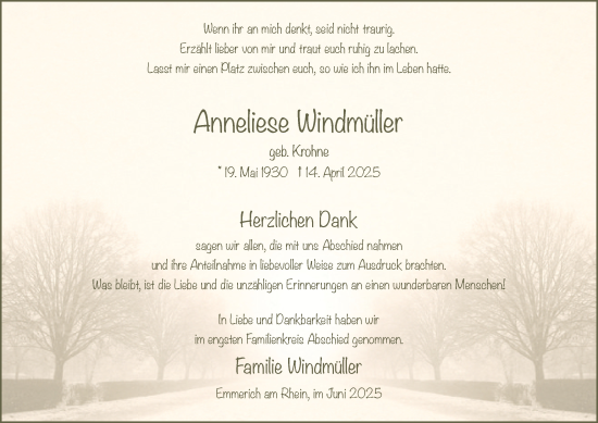 Traueranzeige von Anneliese Windmüller von Tageszeitung