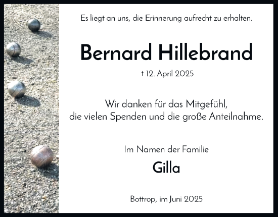 Traueranzeige von Bernard Hillebrand von Tageszeitung
