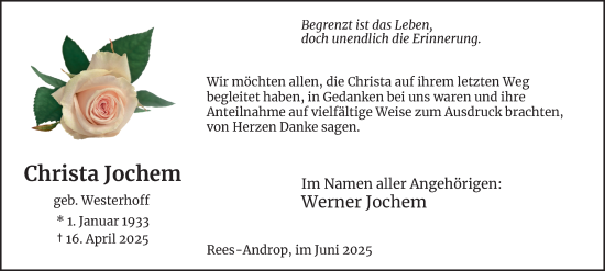 Traueranzeige von Christa Jochem von Tageszeitung