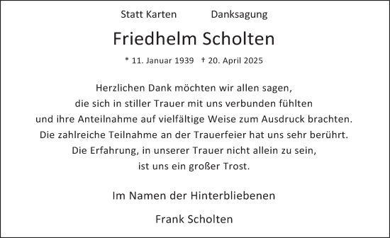 Traueranzeige von Friedhelm Scholten von Tageszeitung