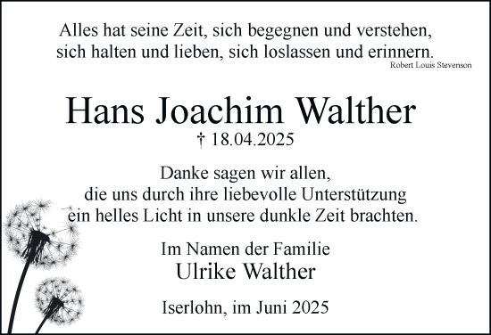 Traueranzeige von Hans Joachim Walther von Tageszeitung
