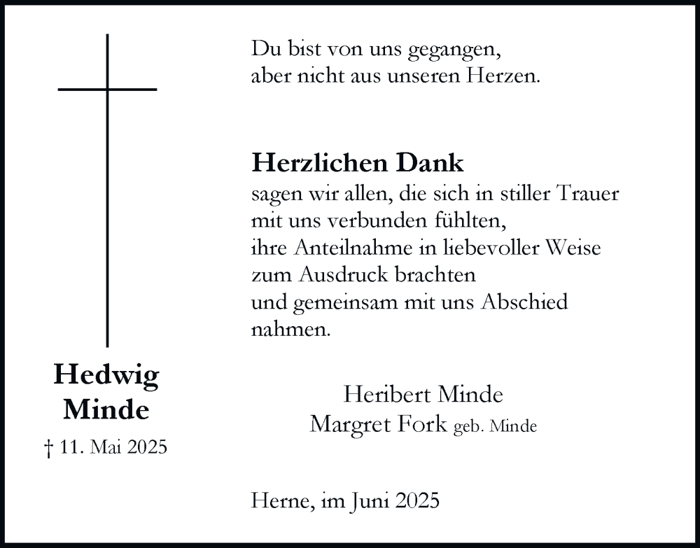  Traueranzeige für Hedwig Minde vom 21.06.2025 aus Tageszeitung